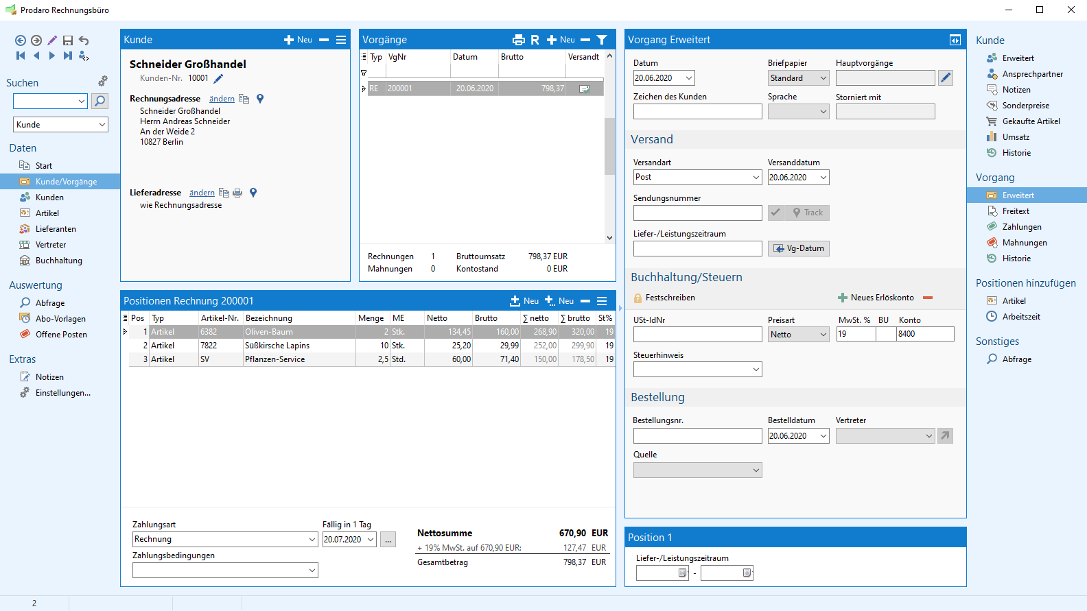 Prodaro Rechnungsbüro Benutzeroberfläche